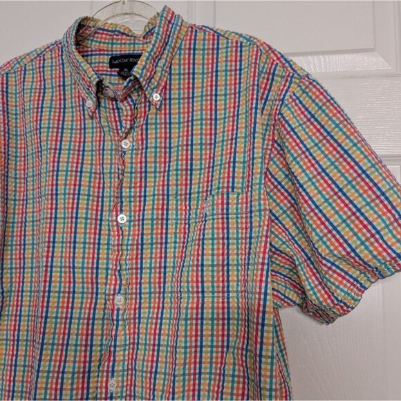 Lands End Seersucker Plaid Shirt Mens Size XL Colorful Short Sleeve Button Down - Picture 2 of 10